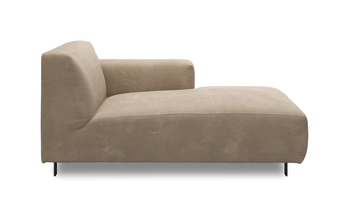 Beige venstrevendt chaiselong i manchesterstof, sidovy, frilagt.