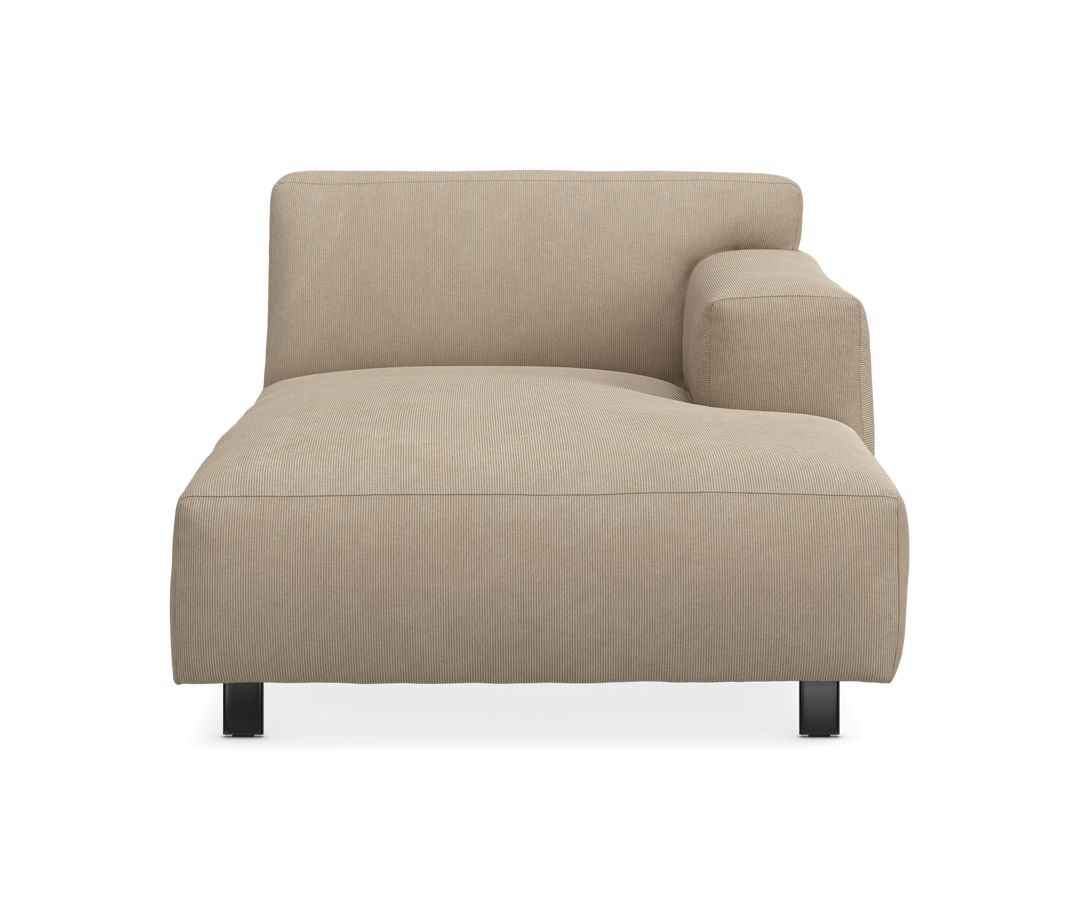 Beige chaiselongmodul med højre armlæn, frontvisning.