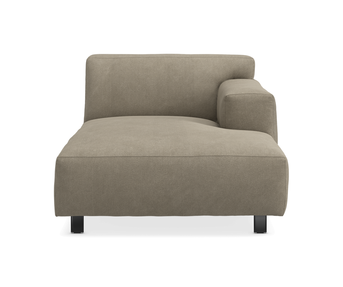 Modulær chaiselongmodul med højre armlæn i beige stof, frontvisning.
