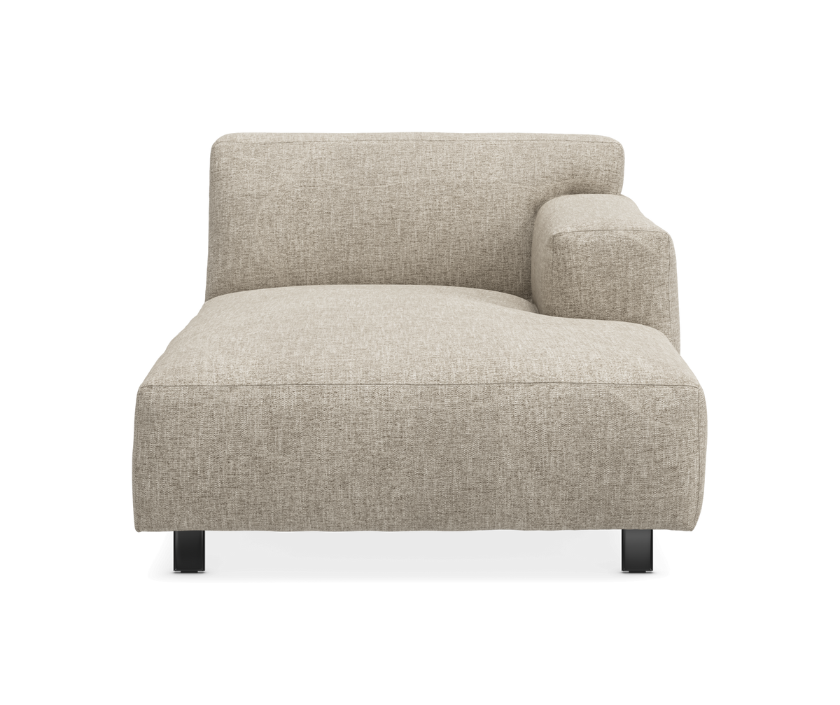 Beige modulær chaiselong med højre armlæn, frontvisning frilagt på hvid baggrund.