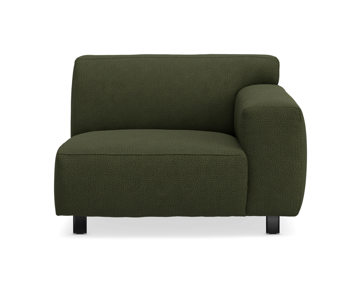 Modulsofa med højre armlæn i mørkegrønt stof, frontvisning på hvid baggrund.