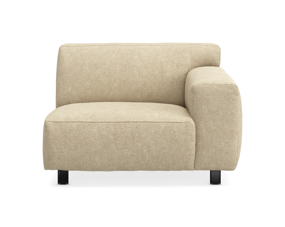 Beige modulsofa med højre armlæn, frontvisning på hvid baggrund.