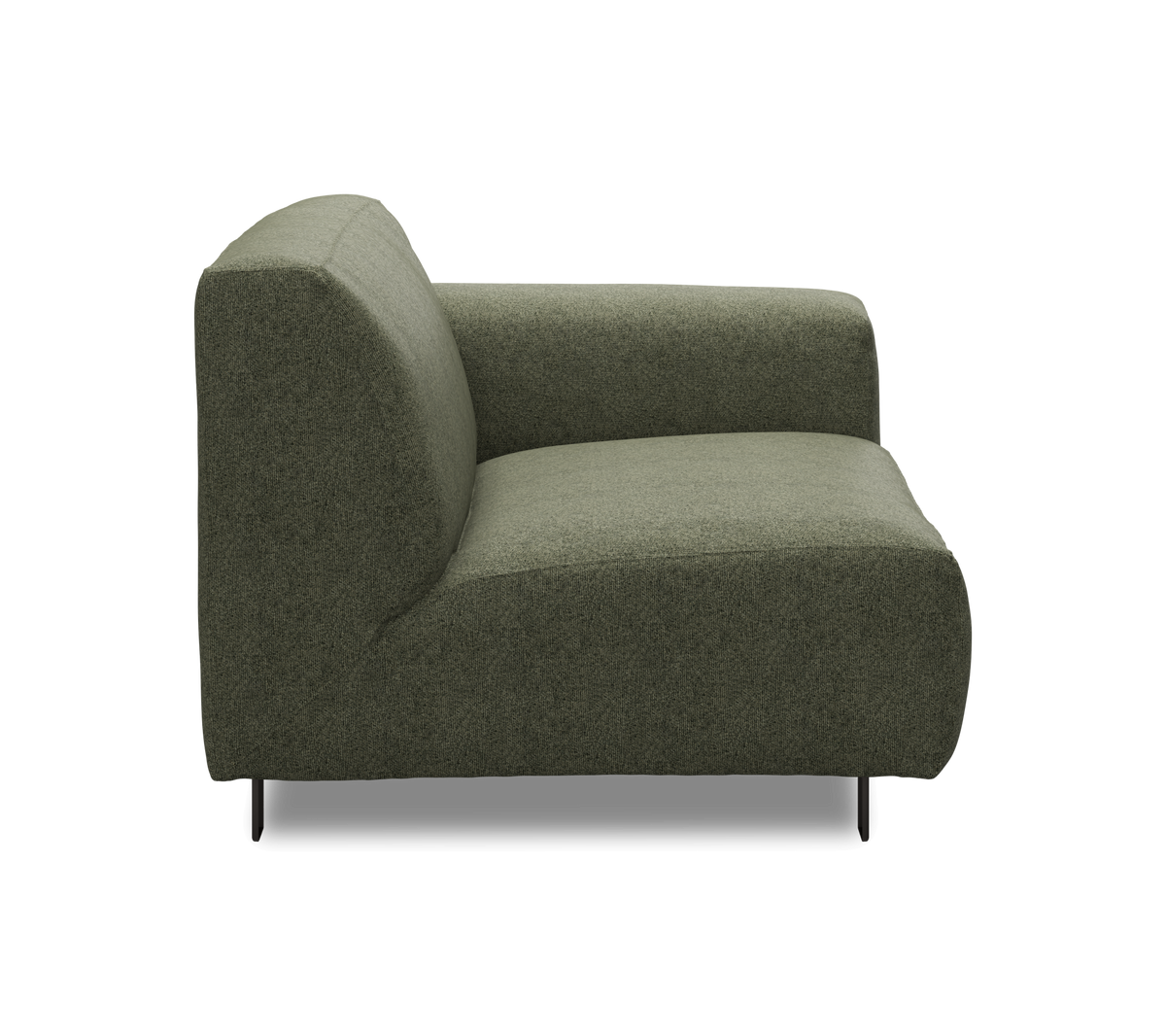 Grøn modulsofa i stof med venstre armmodul, sideview, frilagt på hvid baggrund.