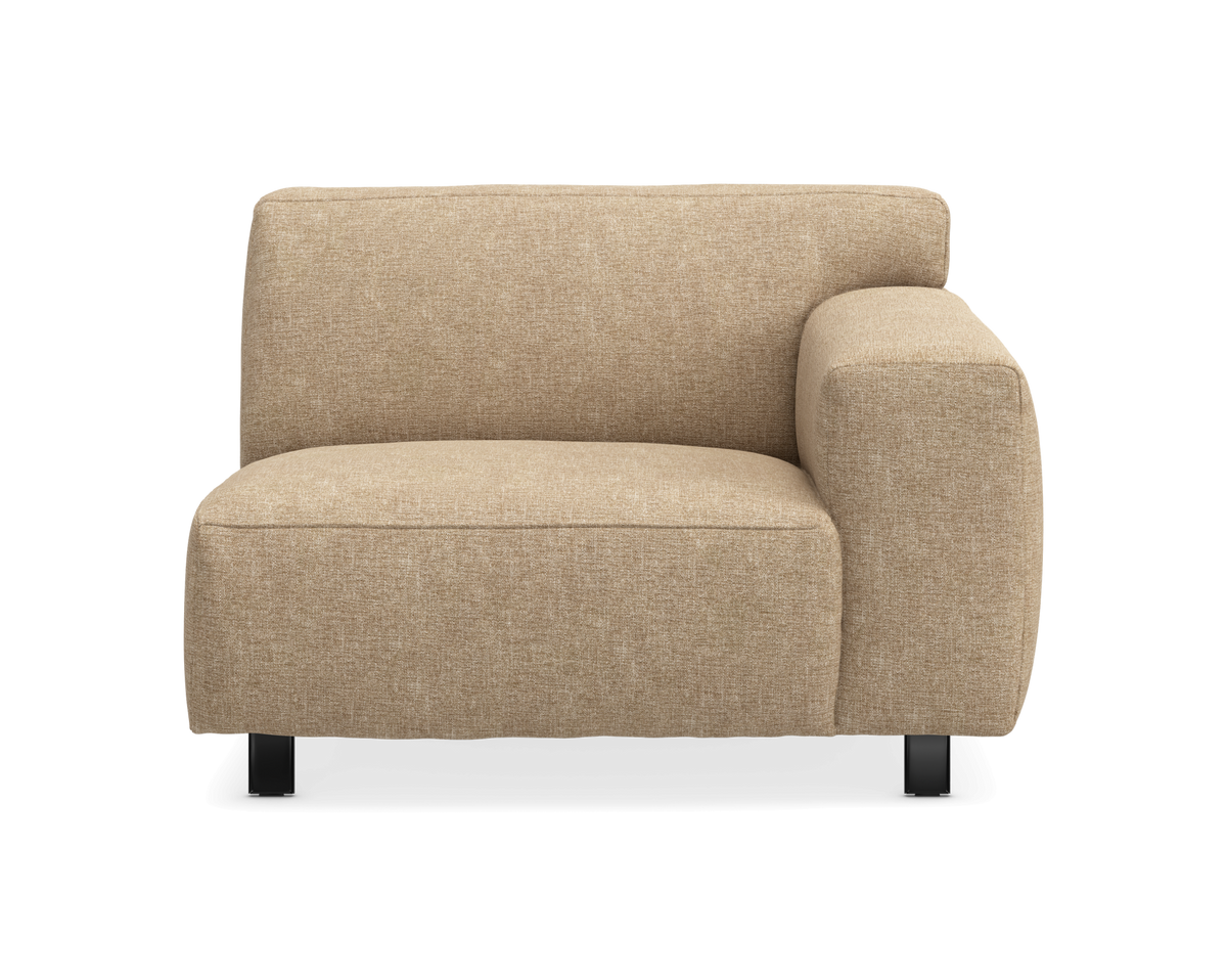 Beige højrearmet modulsofa/fåtøjsdel, frontvisning med sorte ben.