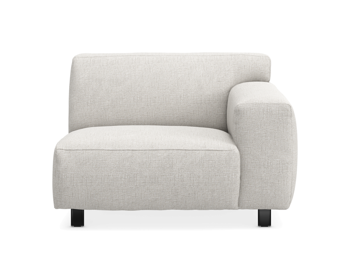 Lys beige modulsofa med højre armlæn, frontvisning på hvid baggrund.