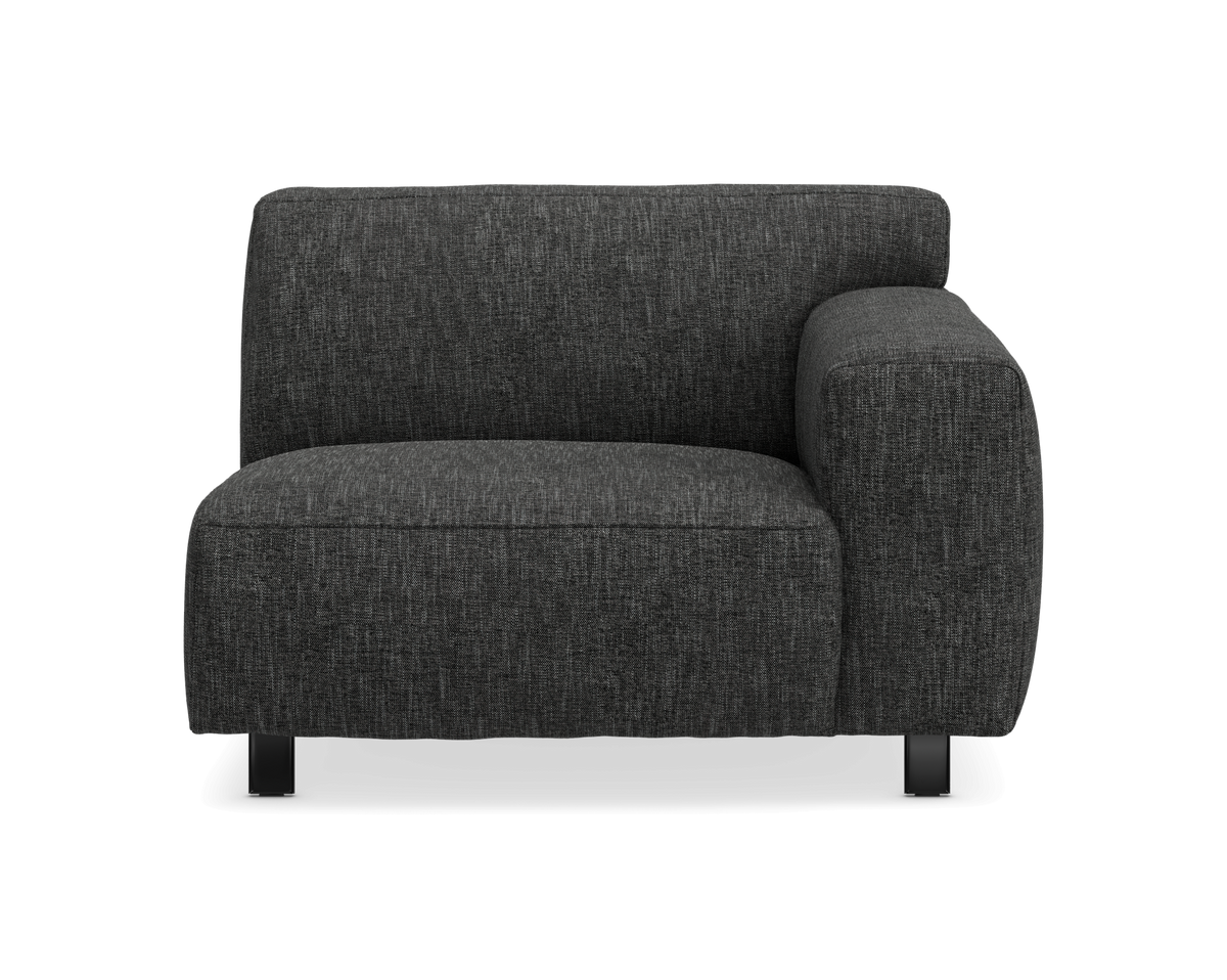 Mørkegrå modulsofa, hjørnesektion med højre armlæn, frontvisning.