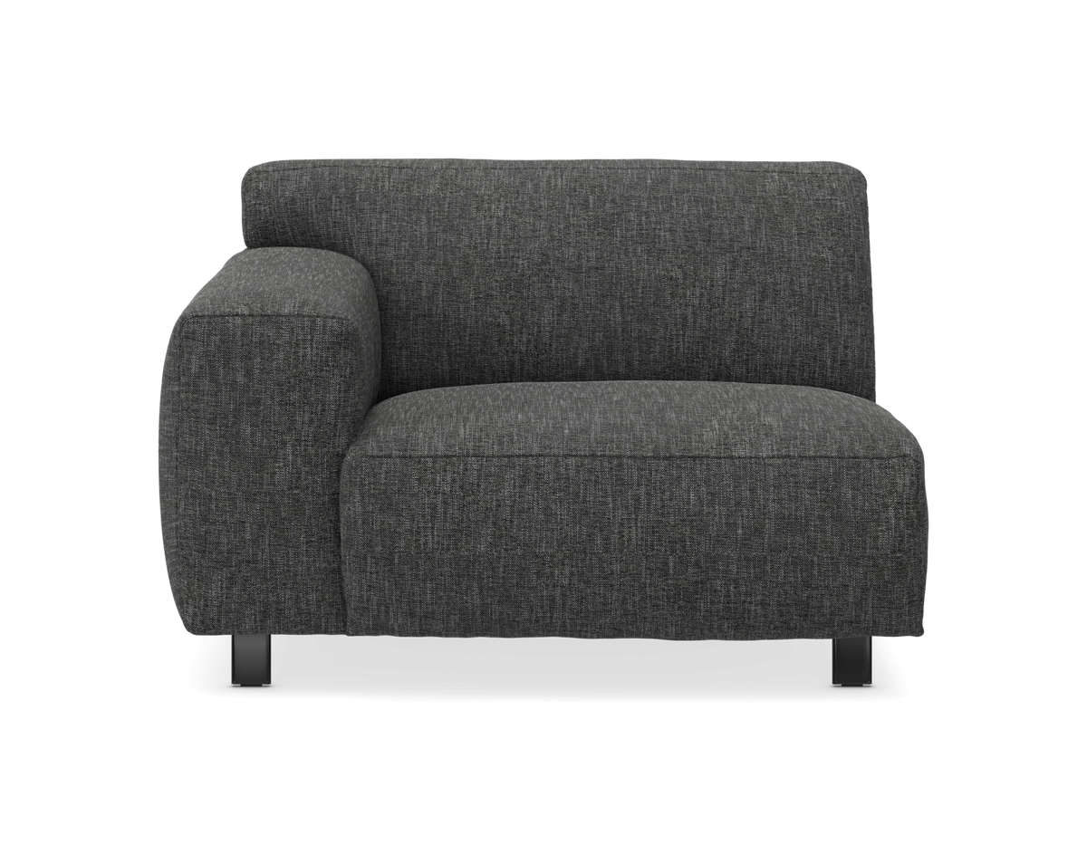 Mørkegrå modulsofa/sofa­modul med venstre armlæn, frontvisning på hvid baggrund.