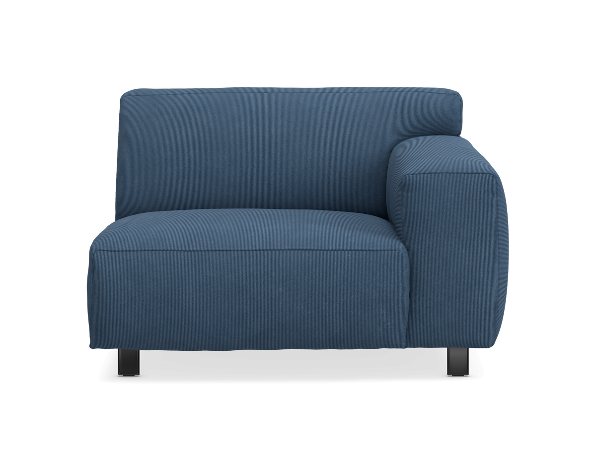 Blå modulsofa med højre armlæn, frontvisning.