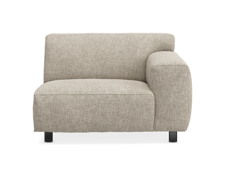 Modulsofa med højre armmodul i beige stof, set forfra på hvid baggrund.