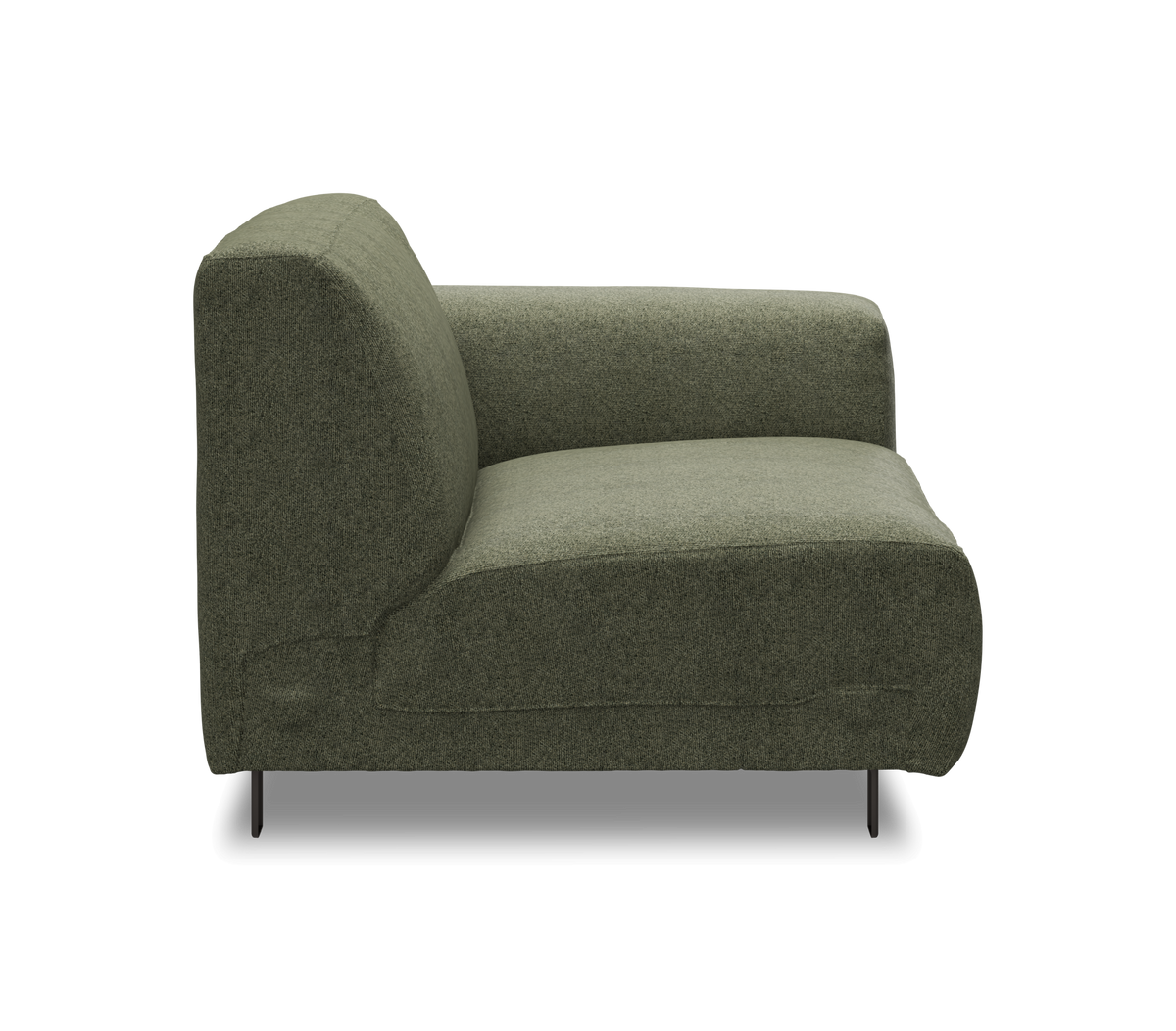 Grøn modulsofa med venstre armlæn, sideview på neutral baggrund.