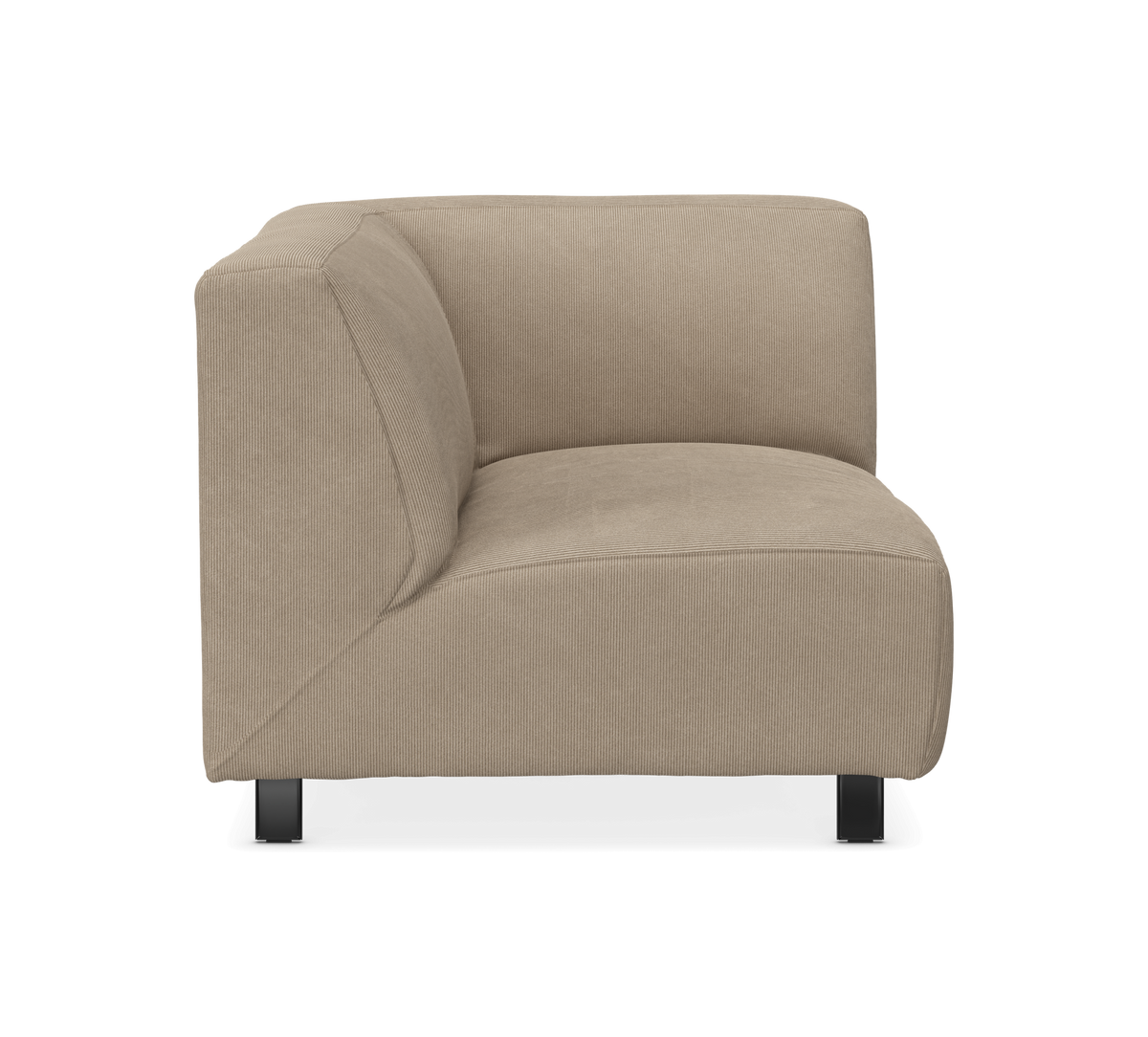 Beige hjørnemodul til modulsofa med sorte ben, frontvisning på neutral baggrund.