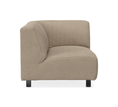 Beige hjørnemodul til modulsofa med sorte ben, frontvisning på neutral baggrund.