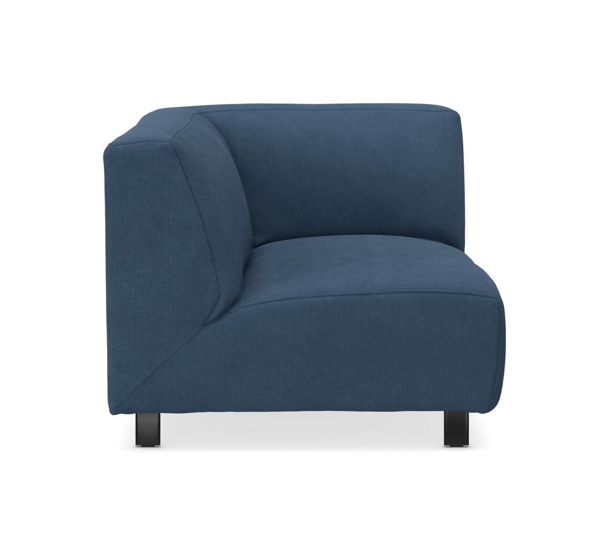 Blå polstret hjørnemodul til sofa med sorte ben, frilagt på hvid baggrund.