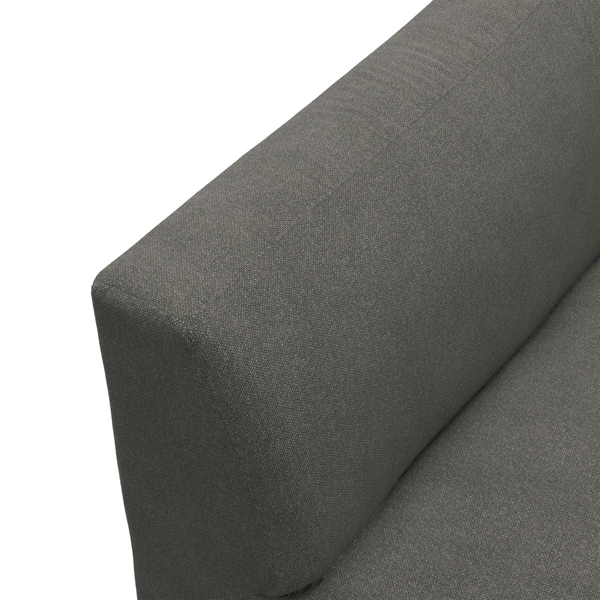 Nærbillede af mørkegråt sofa-armlæn i stof.