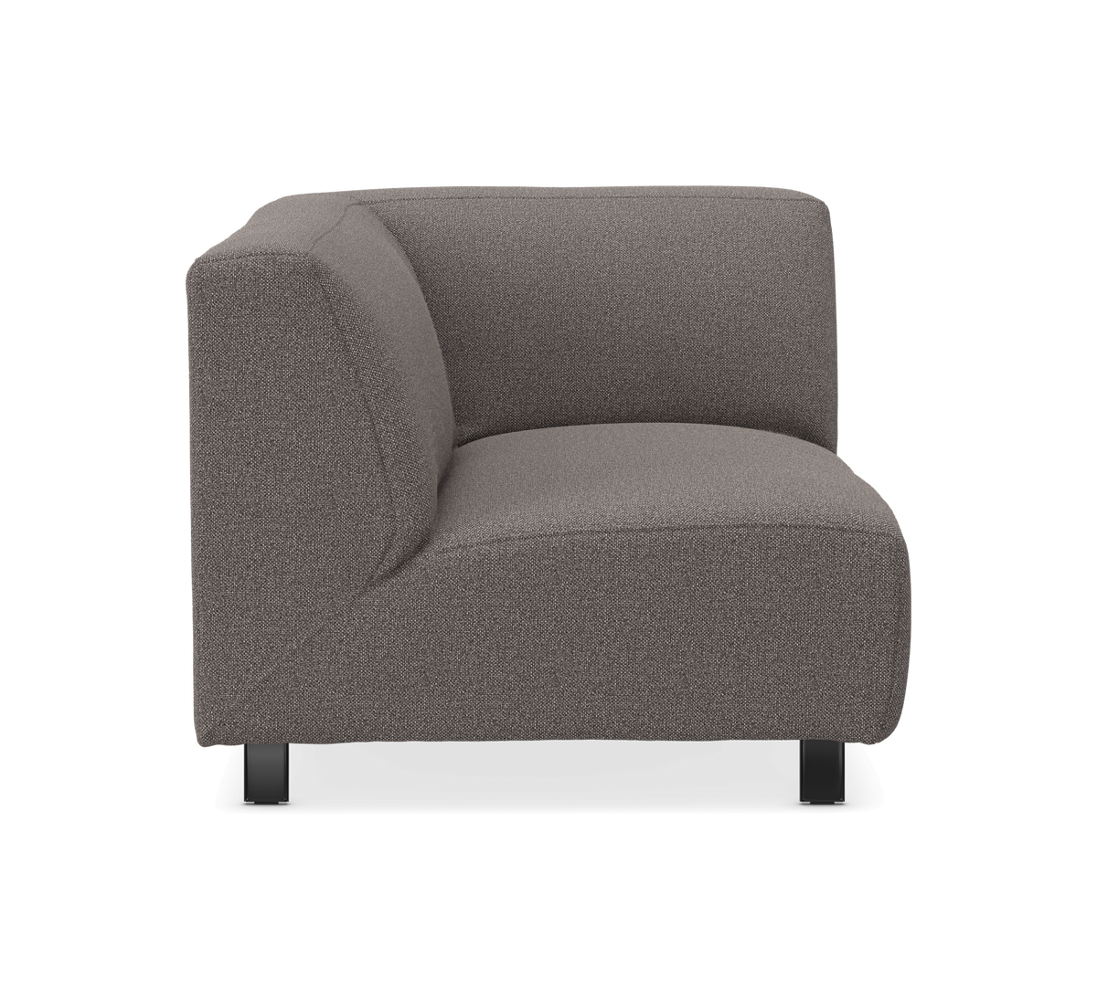 Grå stof hjørnemodul til sofa, frontvisning på hvid baggrund.