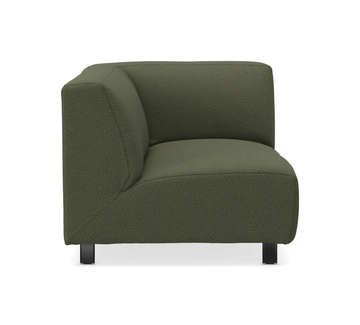 Grøn modulær sofa-hjørnemodul med bløde, afrundede former i tekstil, frilagt på hvid baggrund.