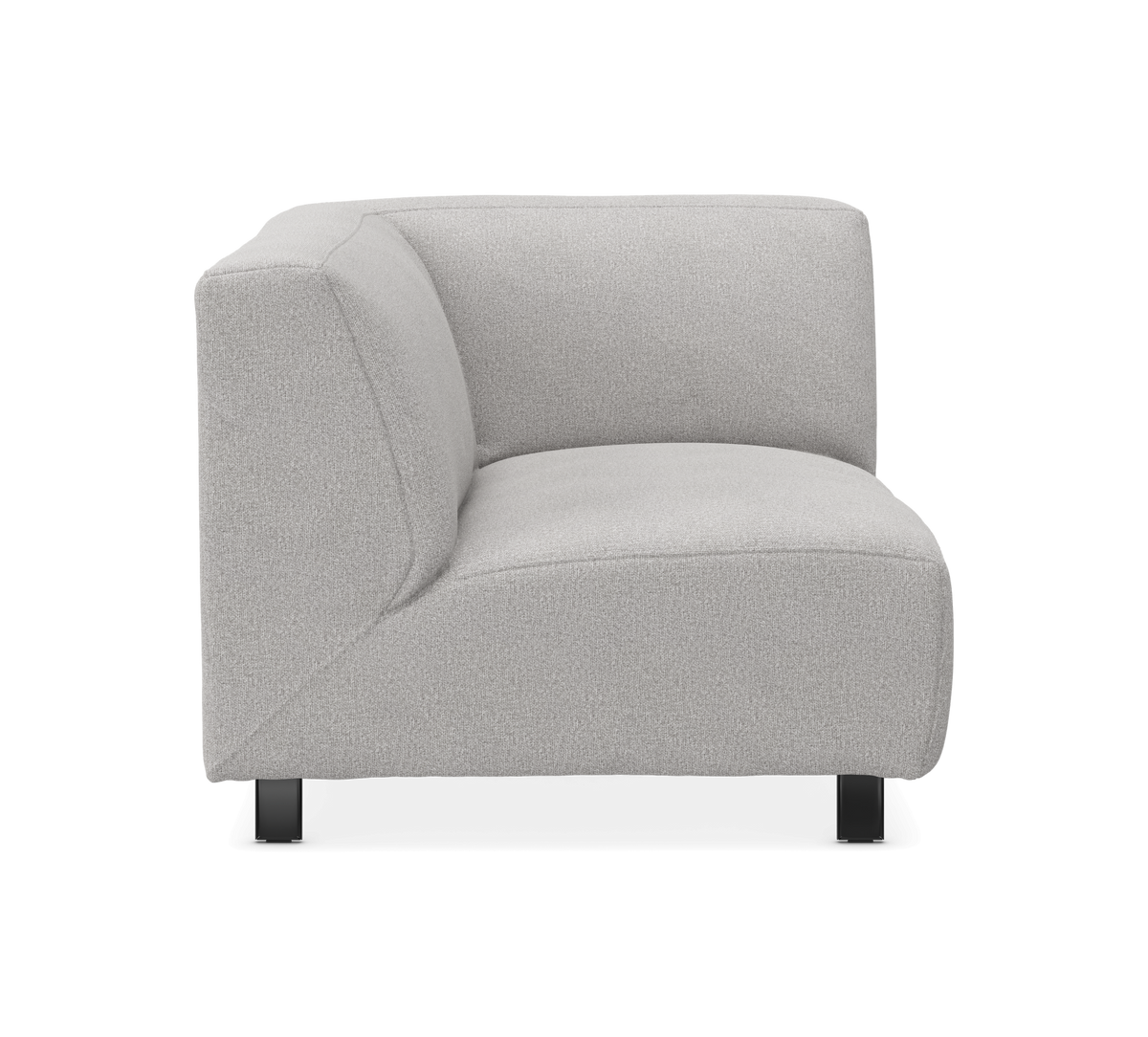 Lysgrå modulsofa, hjørnemodul med sorte ben, frilagt på hvid baggrund.