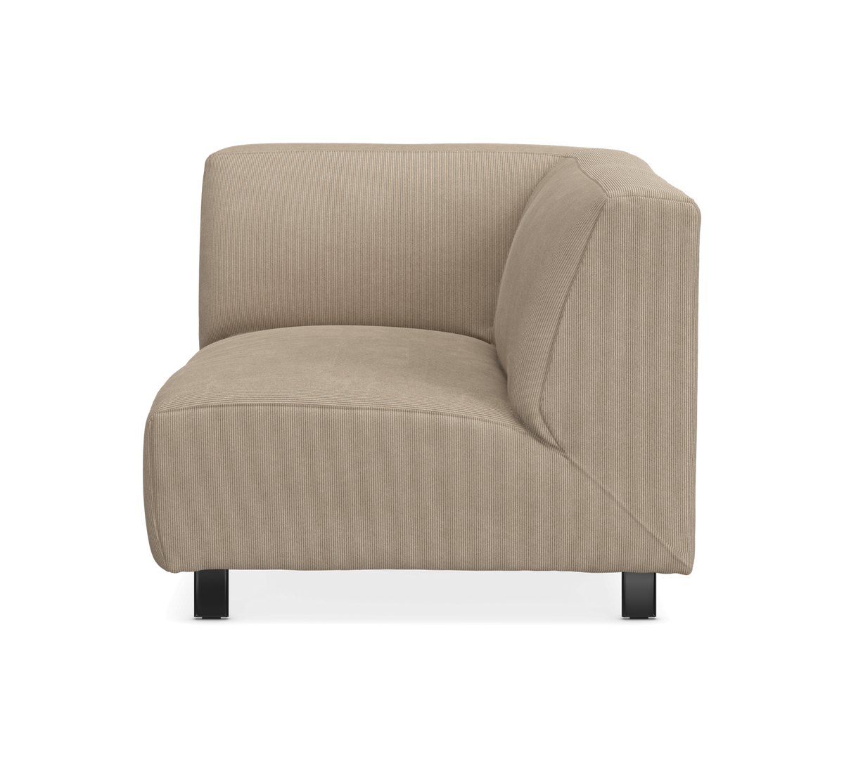 Beige hjørnemodul til sofa med sorte ben, fritlagt på hvid baggrund.