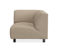Beige hjørnemodul til sofa med sorte ben, fritlagt på hvid baggrund.