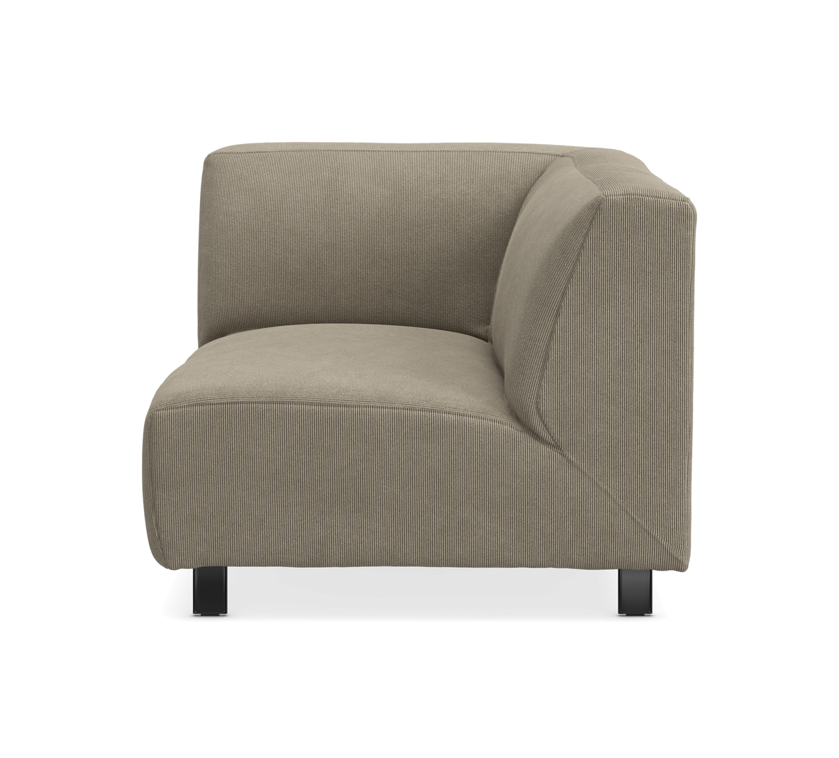 Beige hjørnemodul til sofa i riflet fløjl/cord, fritlagt, lige forfra.