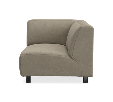 Beige hjørnemodul til sofa i riflet fløjl/cord, fritlagt, lige forfra.