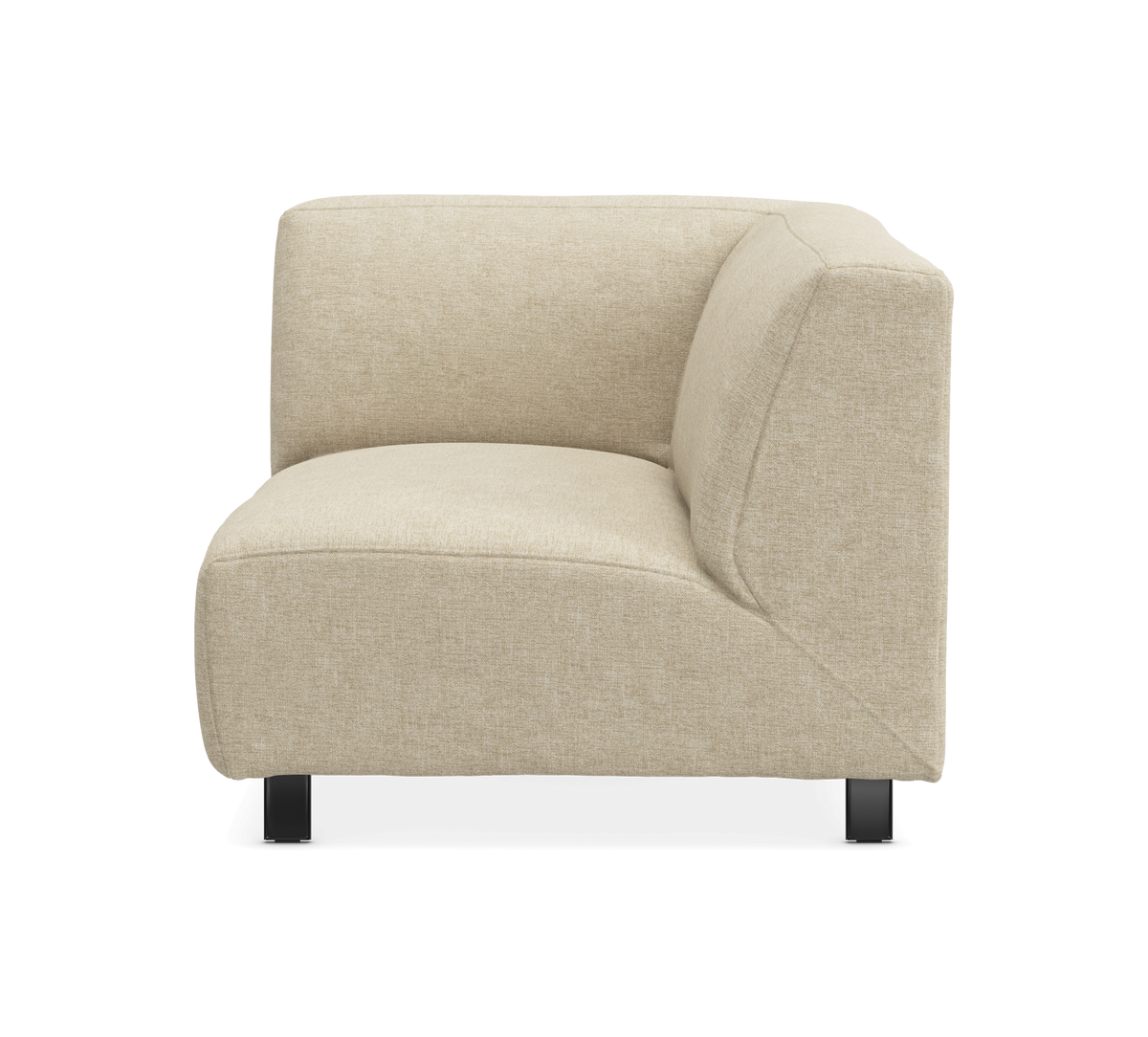 Beige hjørnemodul til sofa med lave sorte ben, frontvisning, frilagt.