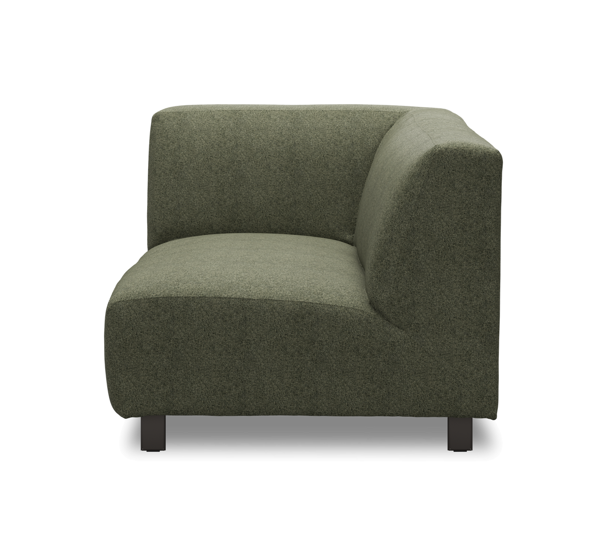 Grøn stofbetrukket sofa-hjørnemodul fotograferet lige forfra mod hvid baggrund.