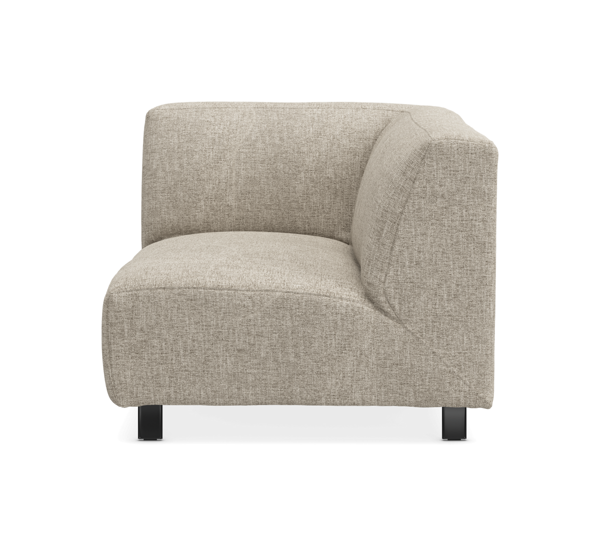 Beige modulsofa, hjørnemodul i stof med sorte ben, fritlagt på hvid baggrund set forfra.