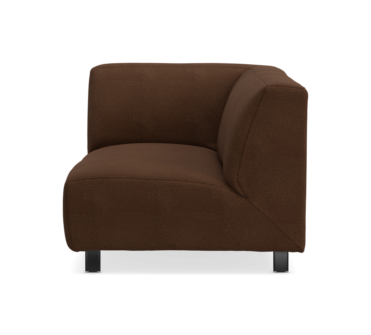 Brun modulsofa, hjørnemodul i stof med sorte ben, frontvisning mod hvid baggrund.