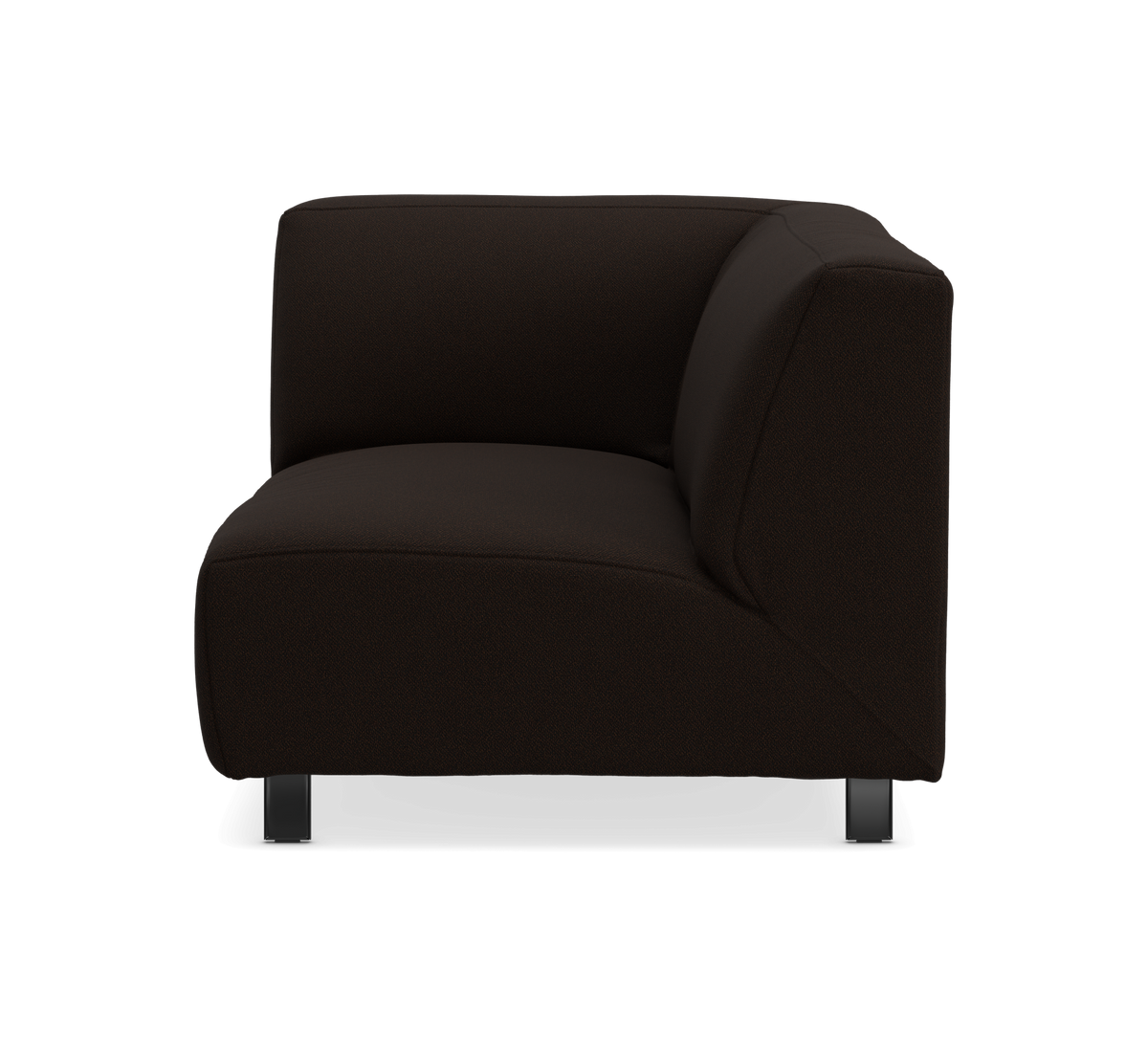 Modulsofa, hjørnemodul i mørkebrun/sort stof, fritlagt på hvid baggrund.