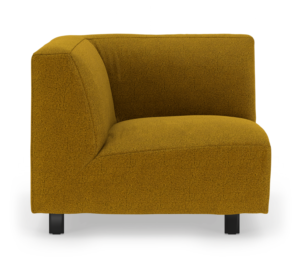 Sennepsgul modulsofas hjørnemodul med sorte ben, fritlagt produktfoto.