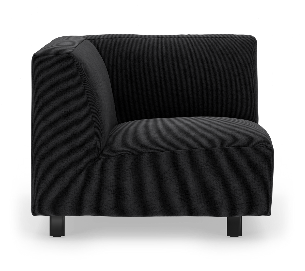 Sort hjørnemodul-sofa i fløjl/corduroy med lave runde ben, frilagt på hvid baggrund.