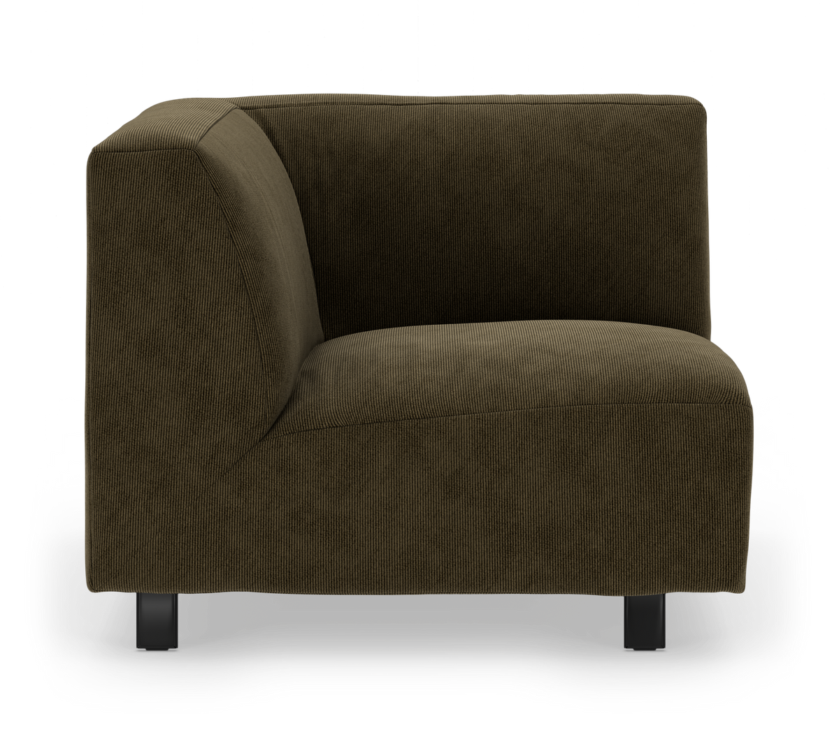 Mørk olivengrøn modulsofas hjørnemodul i bredriflet fløjl med sorte ben, set forfra på hvid baggrund.