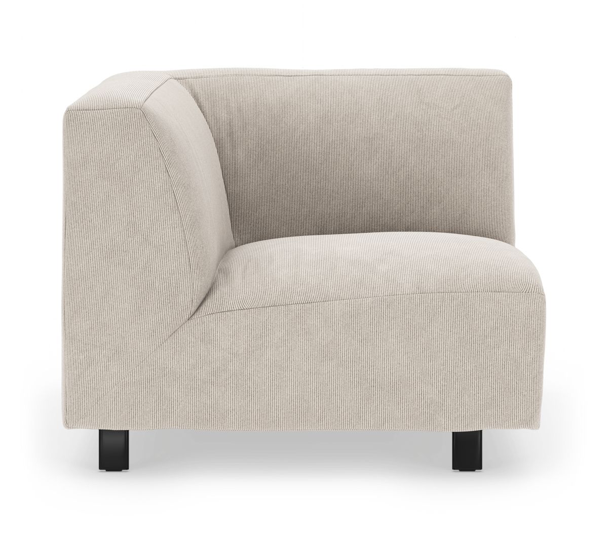 Beige hjørnemodul til sofa i blød manchester med sorte ben, frilagt produktbillede set forfra.