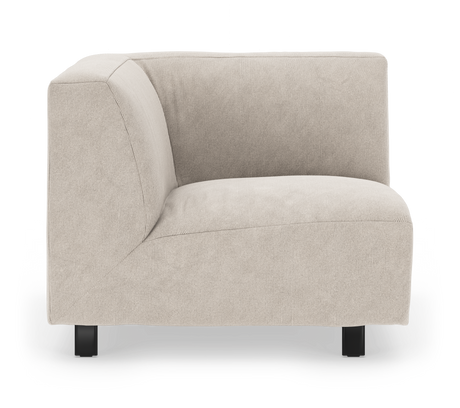 Beige hjørnemodul til sofa i blød manchester med sorte ben, frilagt produktbillede set forfra.