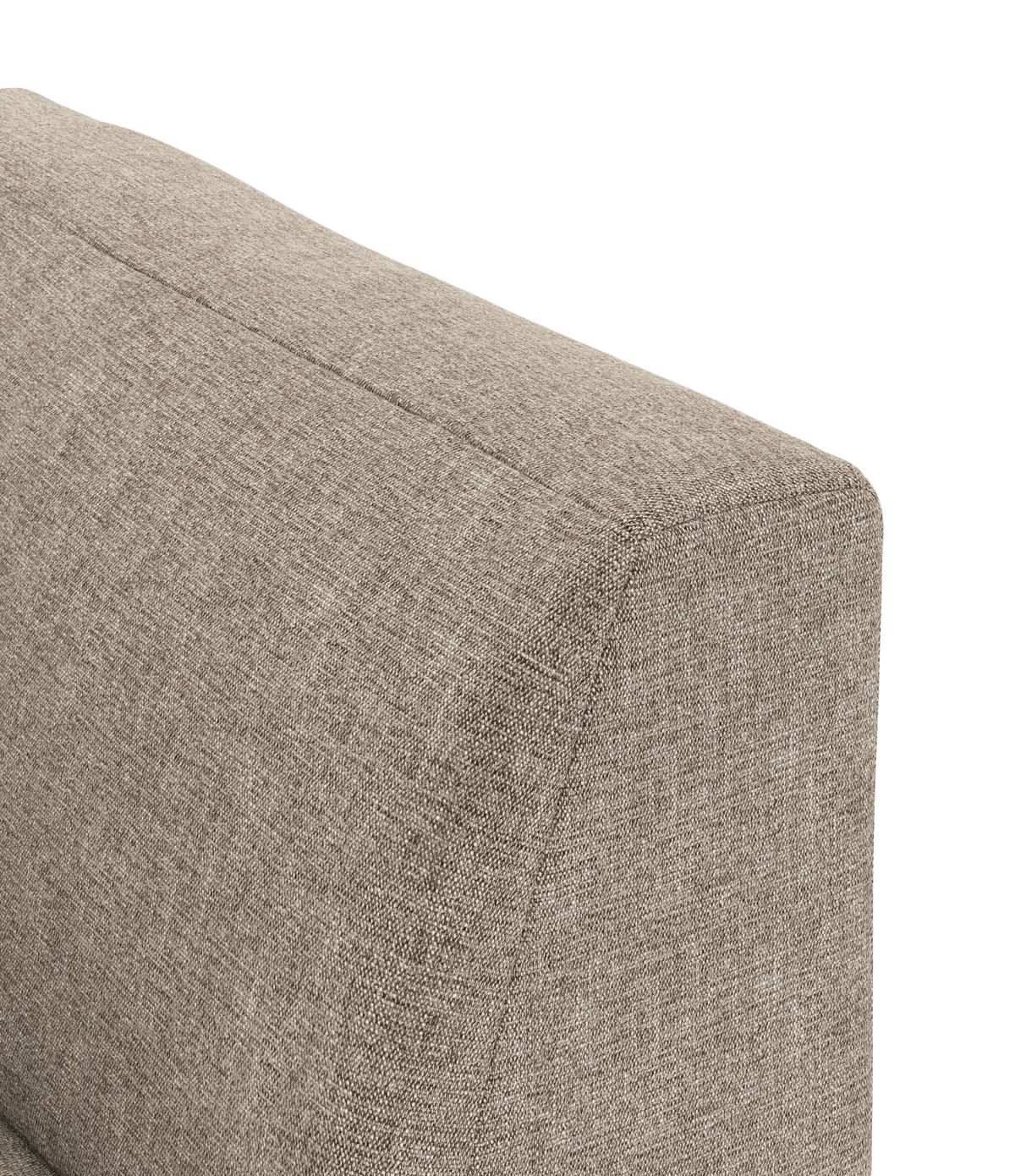 Nærbillede af beige sofa-armlæn og ryg i hør-lignende stof.