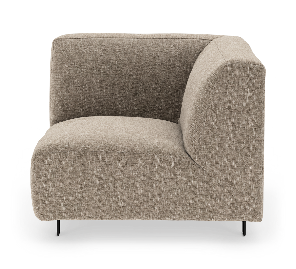 Beige modulsofa hjørnemodul i tekstil med lav ryg og sorte ben, fritlagt produktfoto set skråt forfra.