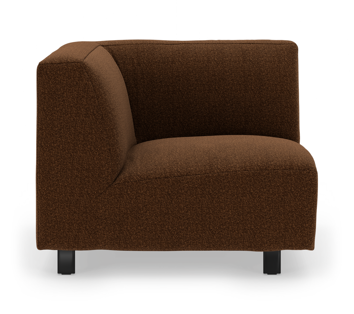 Modulsofa hjørnemodul i brun tekstil med sorte ben, fritlagt på hvid baggrund.