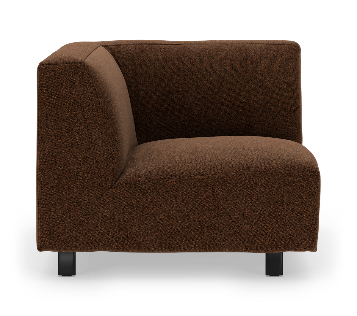 Modulsofa hjørnemodul i brun bouclé med sorte ben, set lige forfra.