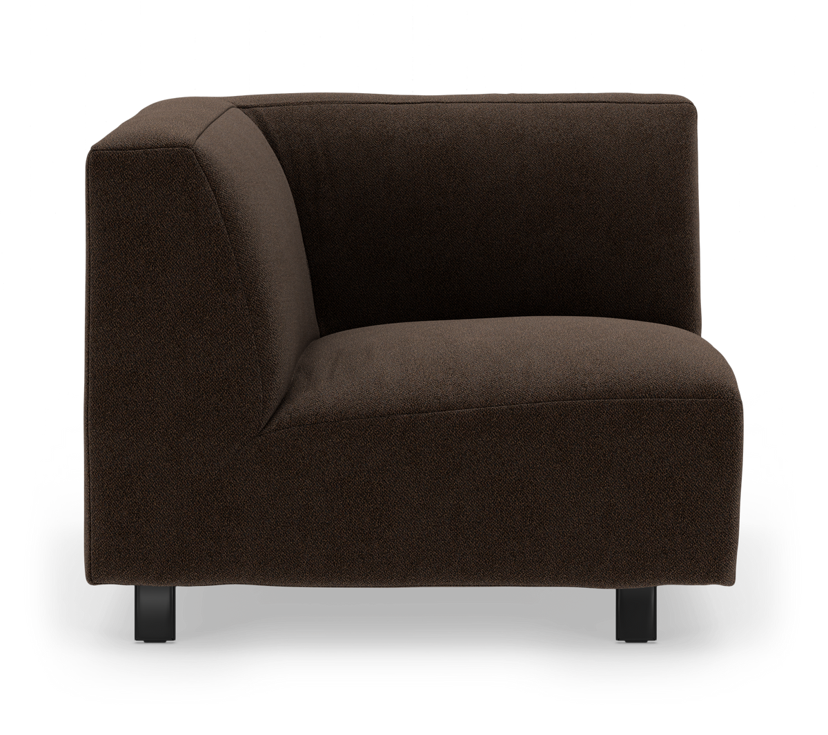 Mørkebrun modulsofa, hjørnemodul med lav ryg og sorte ben, set forfra mod hvid baggrund.