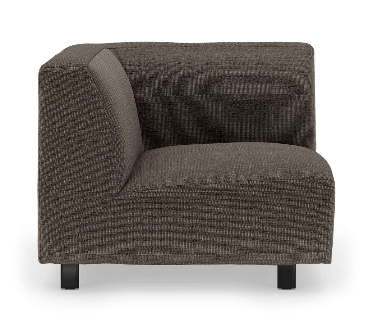 Mørkebrun modulsofa, hjørnesektion i tekstil, frilagt på hvid baggrund.