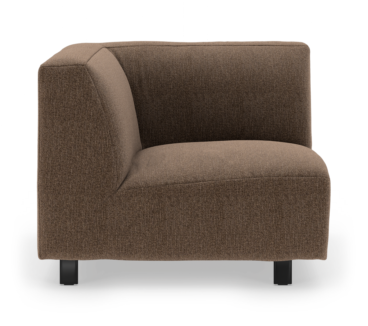 Modulsofa, hjørnemodul i brun tekstil med sorte ben, vist forfra i studiemiljø.