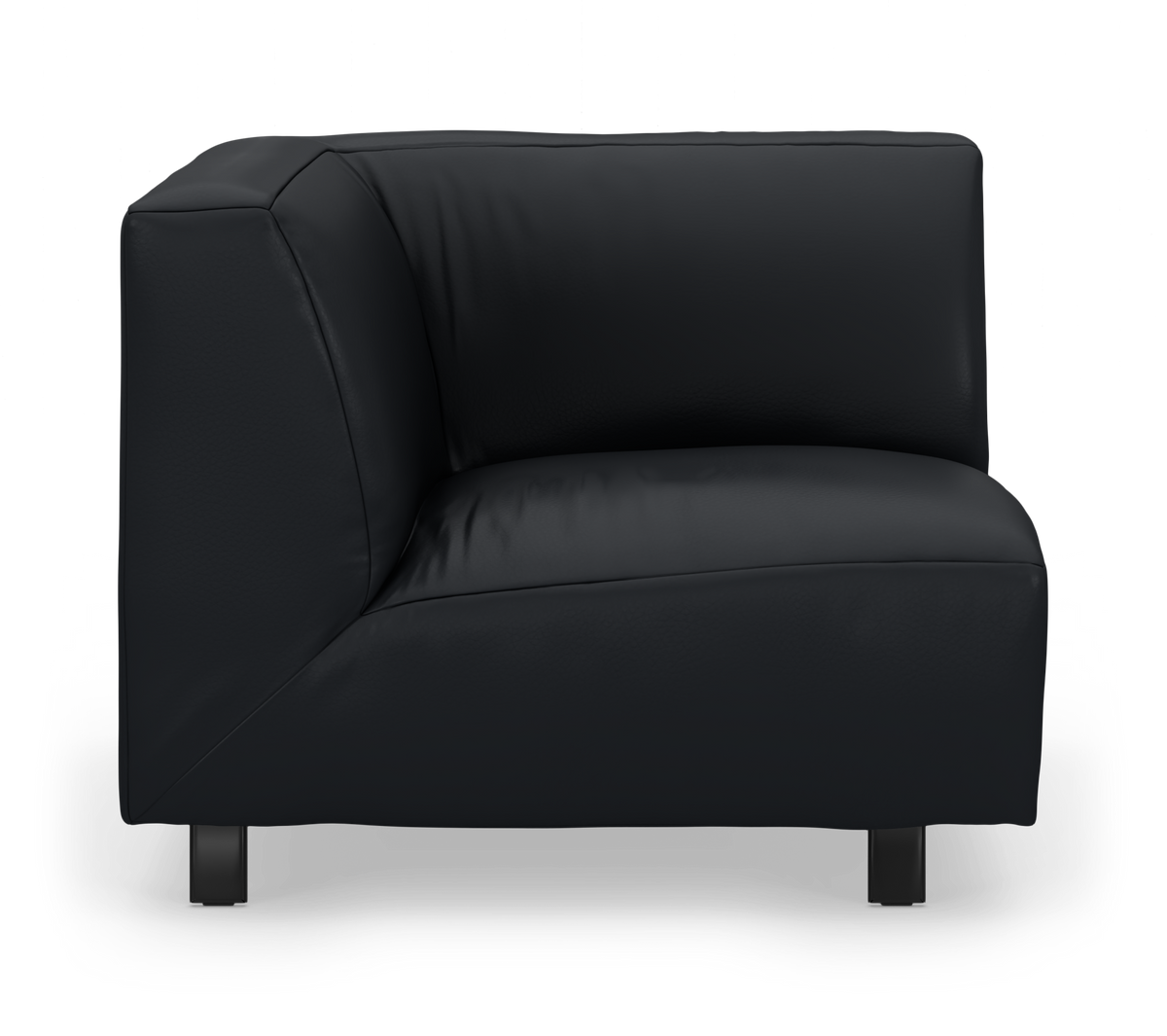 Sort hjørnemodulsofa med lav ryg og metalben, fritstående på hvid baggrund.