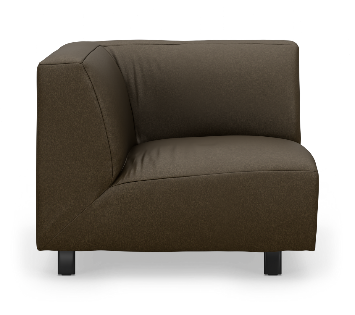 Mørkebrun hjørnemodul-sofa i læder med sorte ben, frilagt på hvid baggrund.