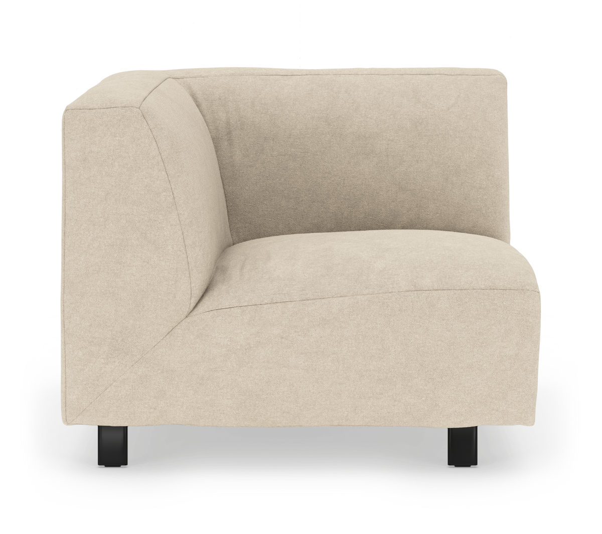 Beige hjørnemodulsofa med sorte ben på hvid baggrund, frontvisning.