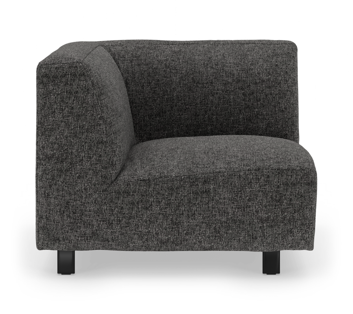 Mørkegrå modulsofa hjørnemodul i stof med L‑formet ryg/arm og sorte ben, frilagt på hvid baggrund.