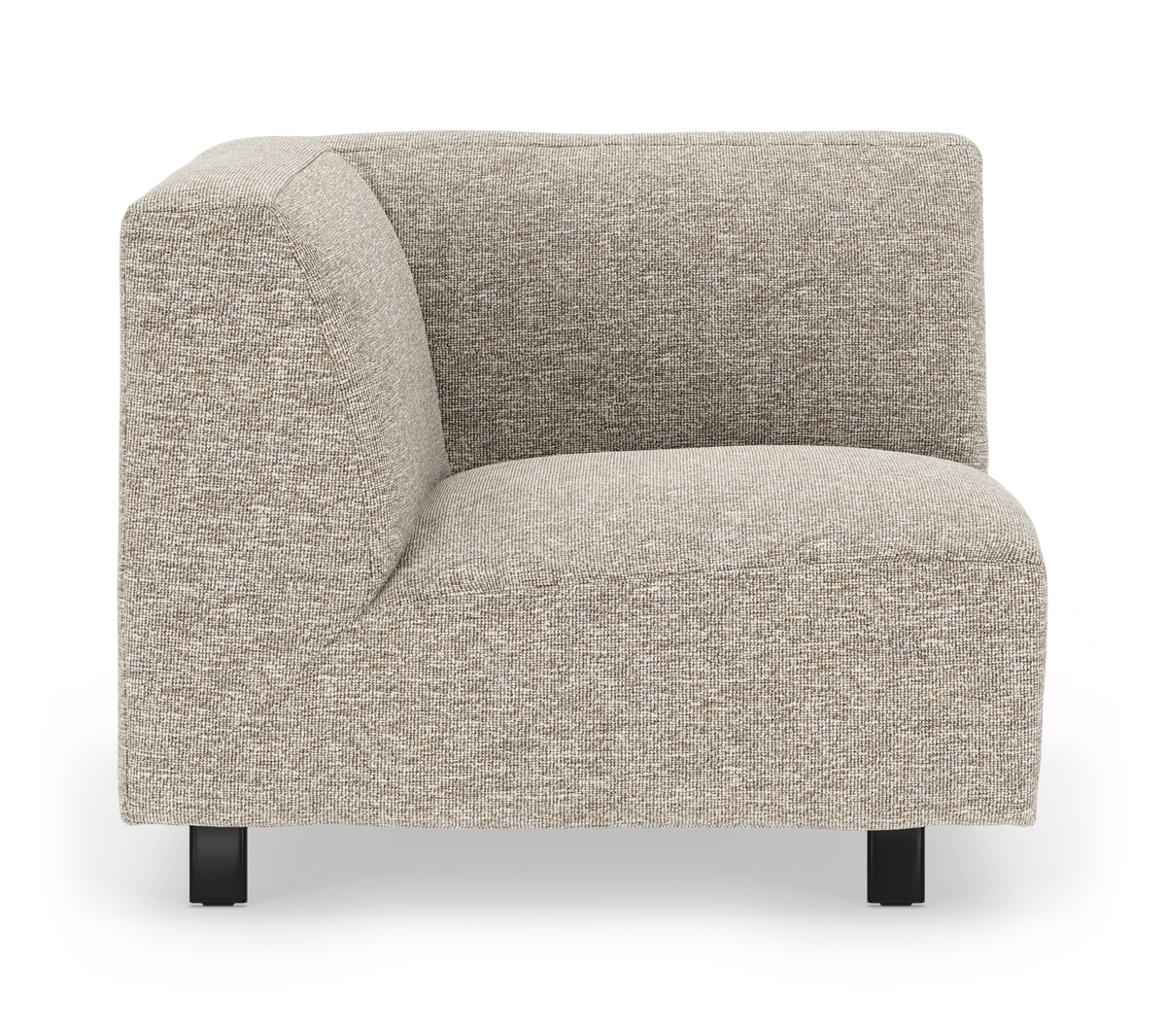 Beige stofbetrukket modulsofas hjørnesektion med sorte ben, frontvisning.