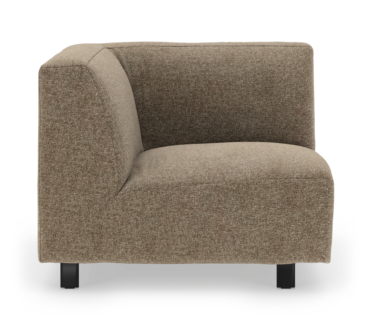 Modulært sofa-hjørne i beige meleret stof med sorte ben, fritstående produktbillede.
