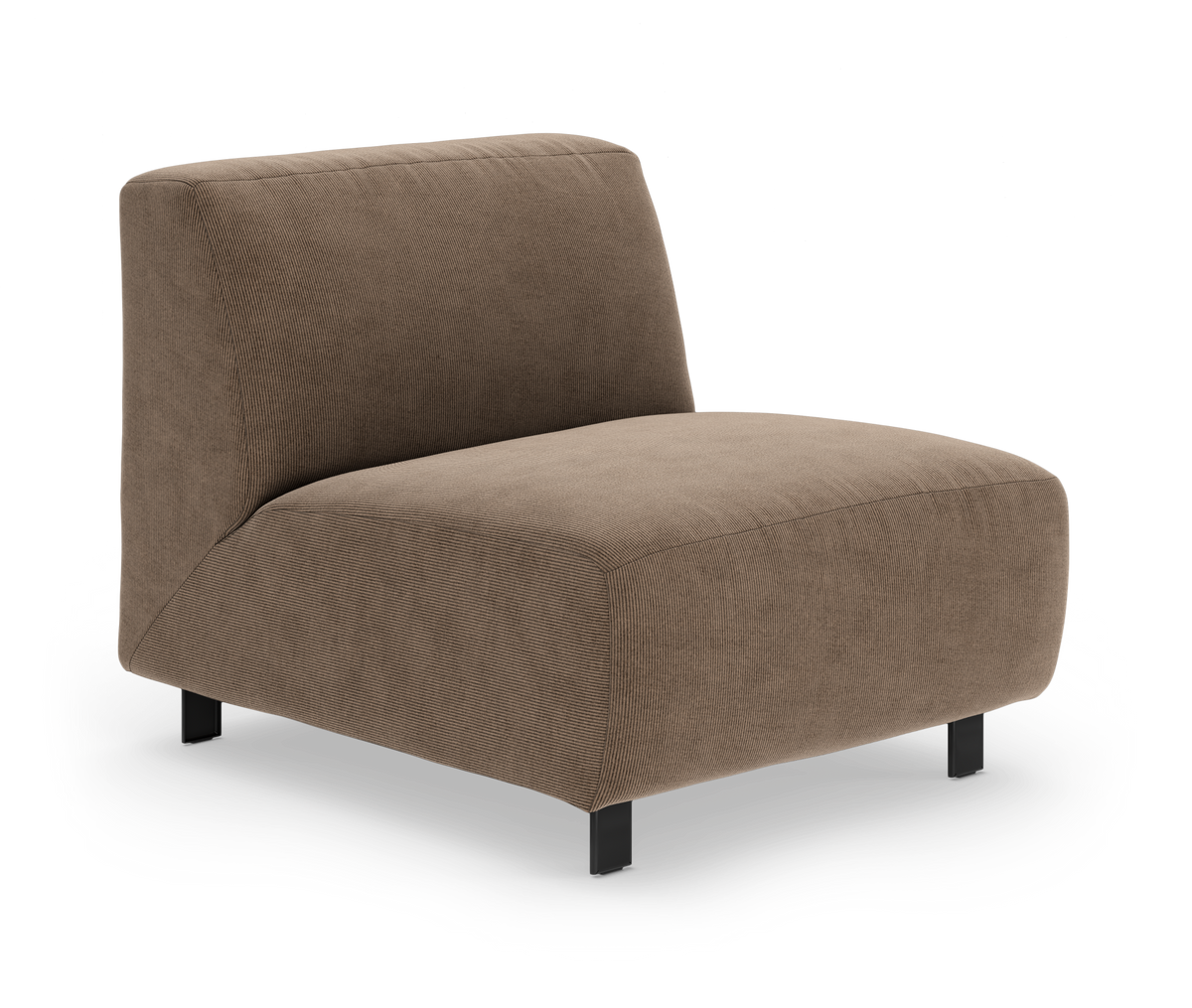 Brun modulsofa uden armlæn i kordfløjl med sorte ben, produktfoto på hvid baggrund.