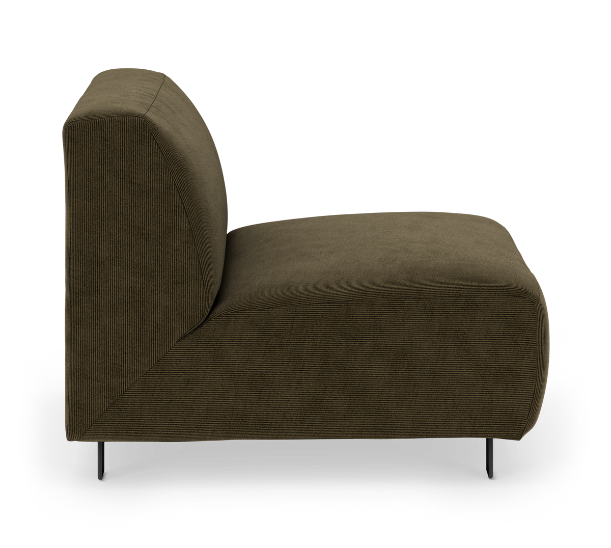 Modulær loungedel/sofamodul uden armlæn i brun tekstil, set fra siden på hvid baggrund.